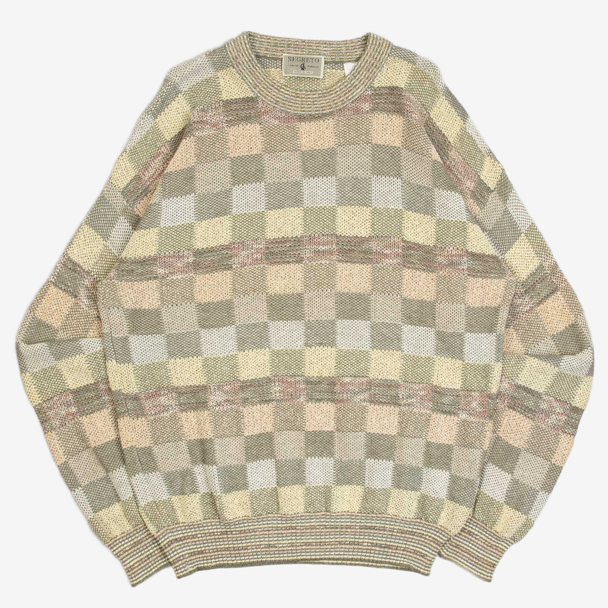 MEN'S VINTAGE 1990S CHECKERBOARD PATTERNED KNITTED JUMPER - X-LARGE