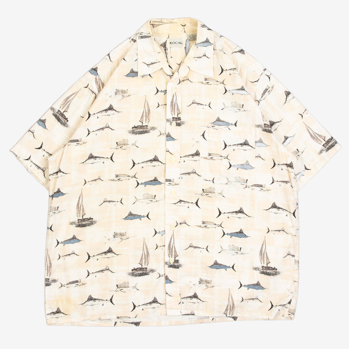 MEN'S VINTAGE 1990S FISHING PATTERNED SHORT SLEEVE SHIRT - LARGE