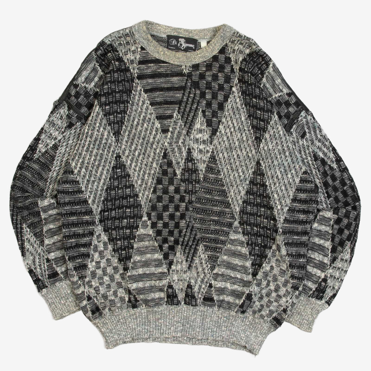 MEN'S VINTAGE 1980S LEATHER PATCH PATTERNED KNITTED JUMPER - X-LARGE