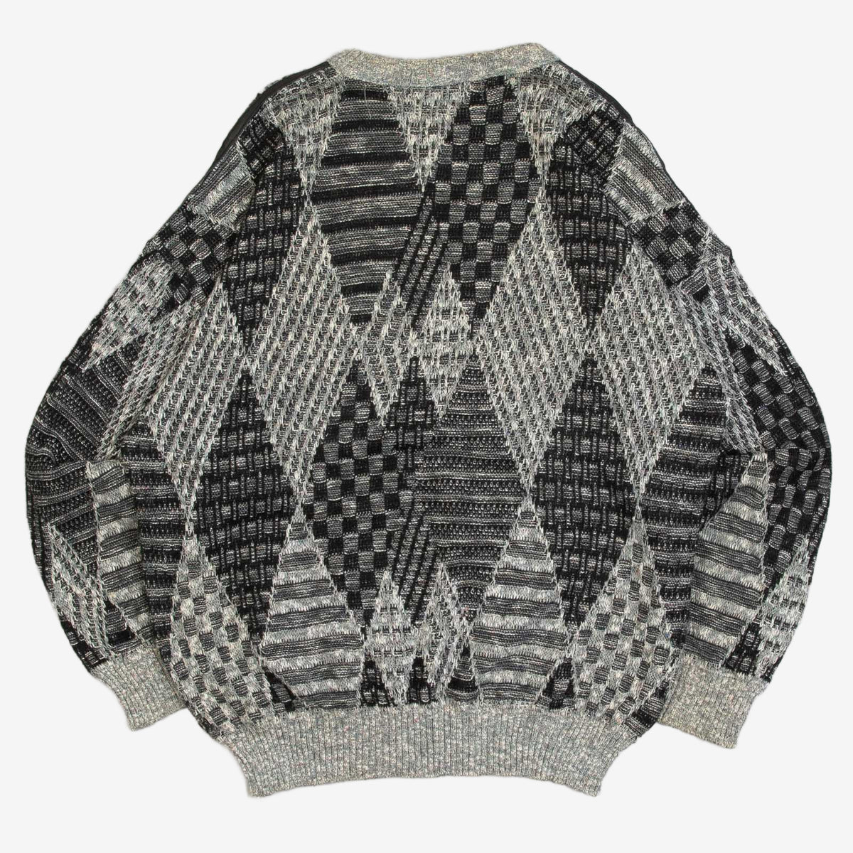 MEN'S VINTAGE 1980S LEATHER PATCH PATTERNED KNITTED JUMPER - X-LARGE