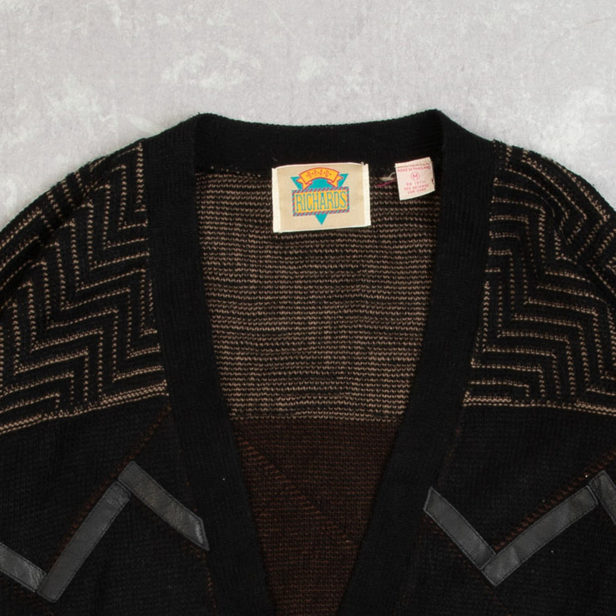 MEN'S VINTAGE 1980S LEATHER PATCH PATTERNED KNITTED CARDIGAN - MEDIUM
