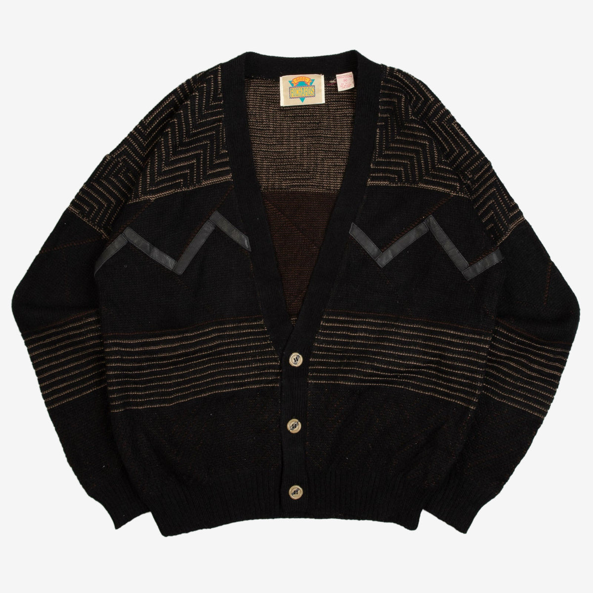 MEN'S VINTAGE 1980S LEATHER PATCH PATTERNED KNITTED CARDIGAN - MEDIUM
