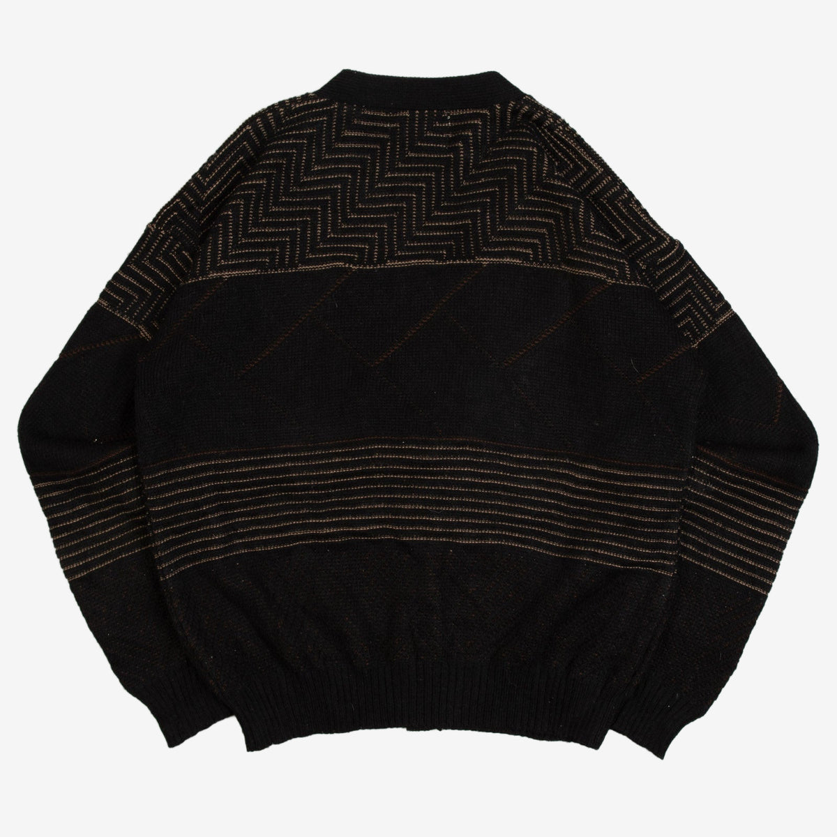 MEN'S VINTAGE 1980S LEATHER PATCH PATTERNED KNITTED CARDIGAN - MEDIUM