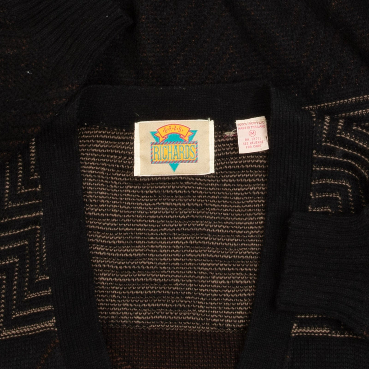MEN'S VINTAGE 1980S LEATHER PATCH PATTERNED KNITTED CARDIGAN - MEDIUM