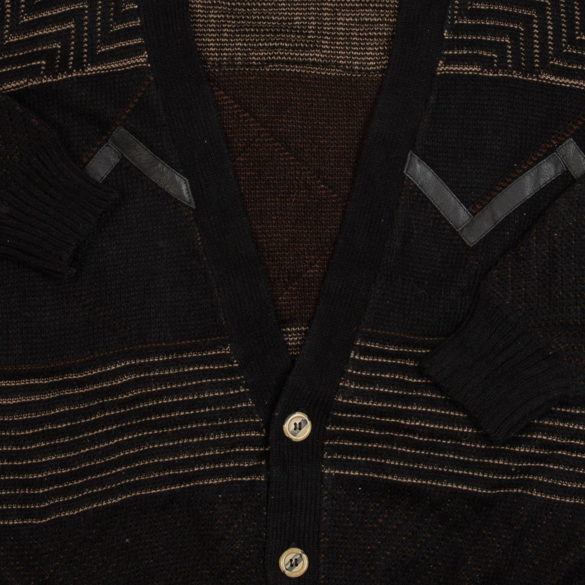 MEN'S VINTAGE 1980S LEATHER PATCH PATTERNED KNITTED CARDIGAN - MEDIUM