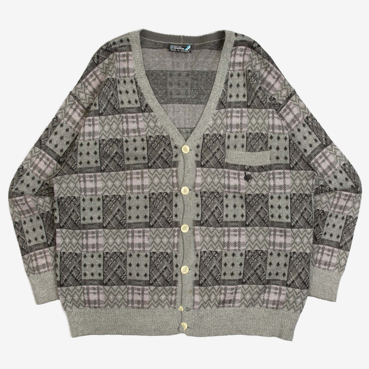 MEN'S VINTAGE 1990S PATTERNED KNITTED CARDIGAN - LARGE