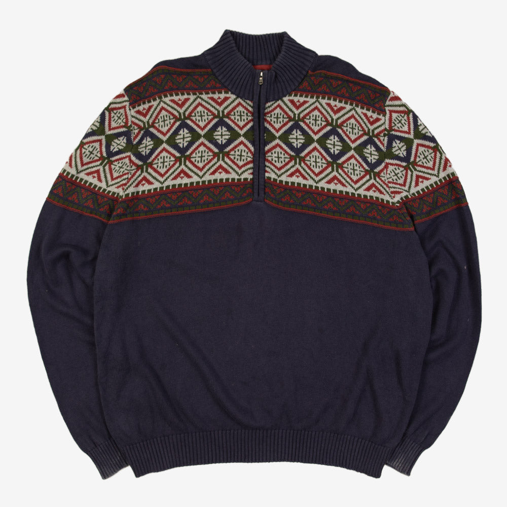 MEN'S VINTAGE IZOD QUATER ZIP PATTERNED KNITTED JUMPER - XX-LARGE